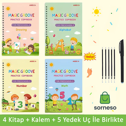 Çocuklar İçin Sihirli Yazı Öğrenme Seti (4 Kitap + Kalem + 5 Yedek Uç)